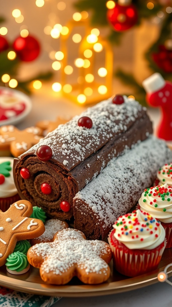 A festive display of Christmas desserts including gingerbread cookies, chocolate yule log, and holiday cupcakes on a decorated table.